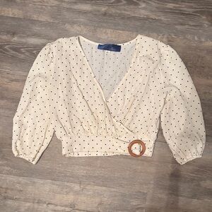 Blue Rain Cream Polka Dot Wrap Crop Top with Wooden Buckle
